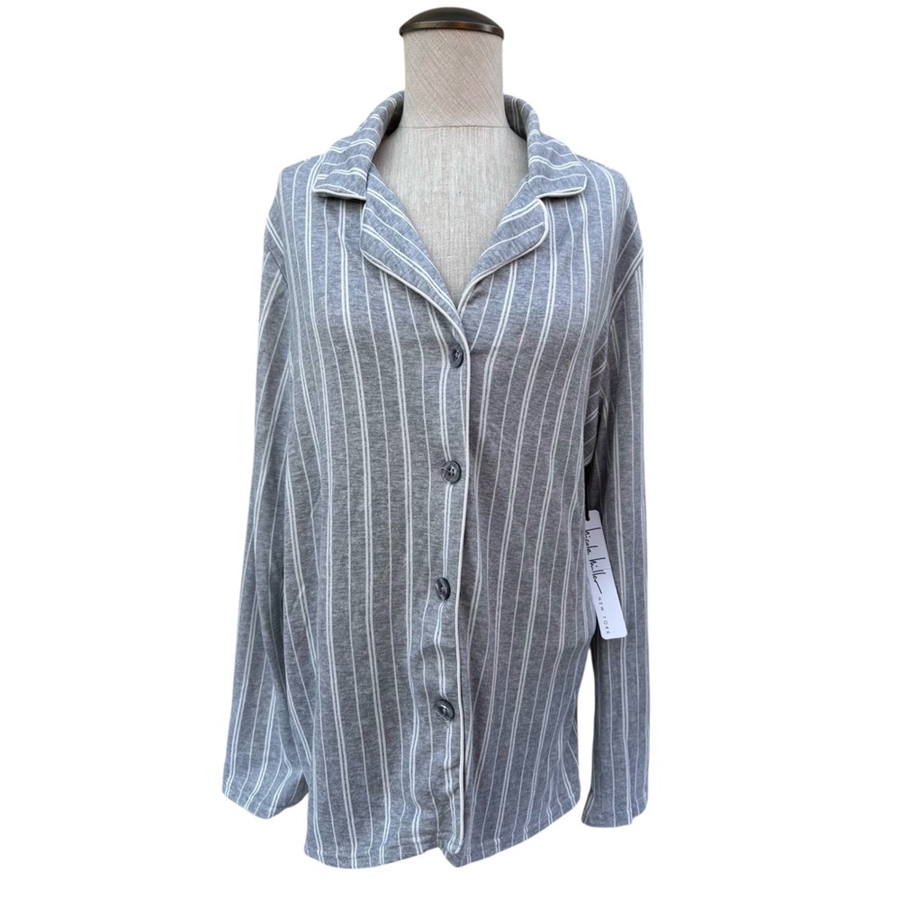 Nicole Miller New York Gray and White Striped Button Down Pajama Shirt NWT Large